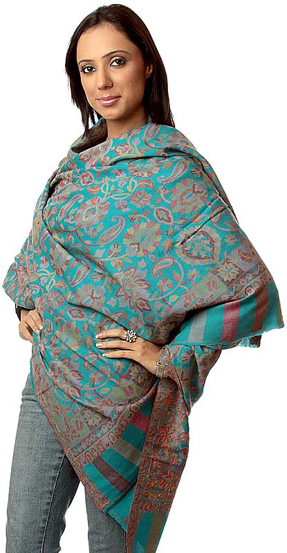 Turquoise Kani Shawl with Multi-Color Woven Flowers All-Over