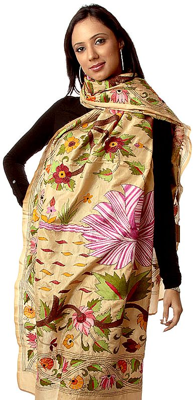 Silk Shawl with Kantha Embroidery