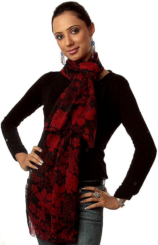 Black and Red Floral Printed Cashmere Scarf