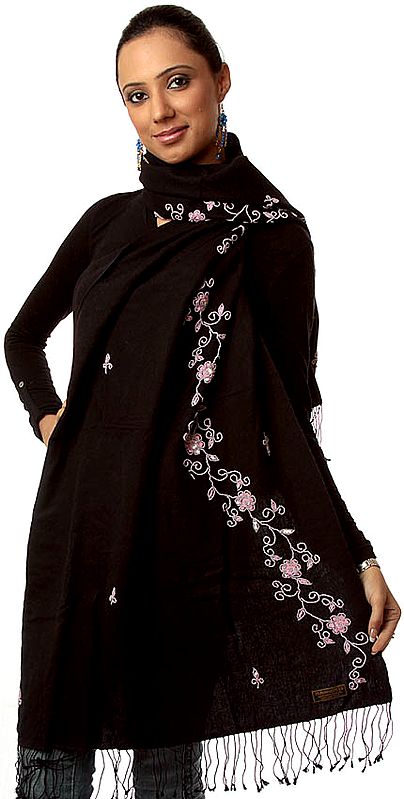 Black Silk-Pashmina Stole from Nepal with Embroidered Beads and Sequins
