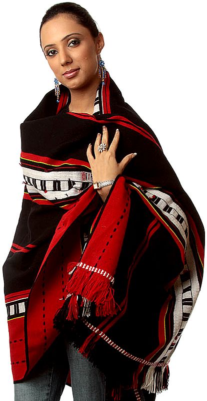 Black and Red Folk Shawl Woven in Nagaland