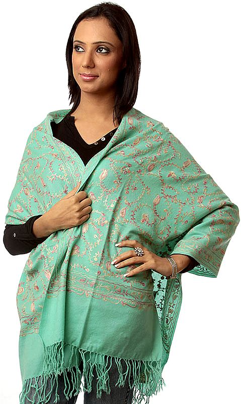 Lucite-Green Stole with Aari Embroidery All-Over