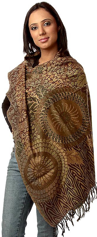 Green and Brown Jamawar Stole with Woven Chakras