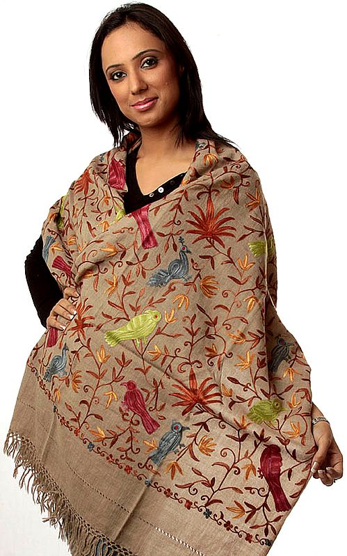Khaki Crewel Stole with Embroidered Birds