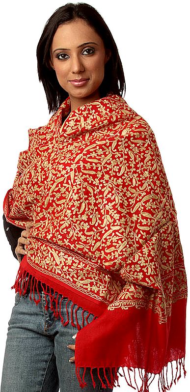 Red Stole with Aari Embroidered Paisleys All-Over
