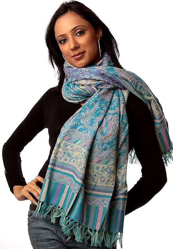 Turquoise Double-Sided Jamawar Shawl with All-Over Woven Paisleys