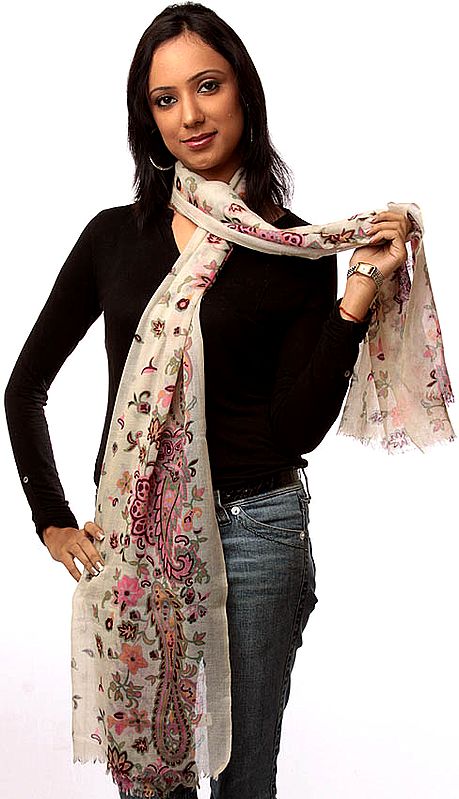 Ivory Cashmere Stole with Printed Paisleys