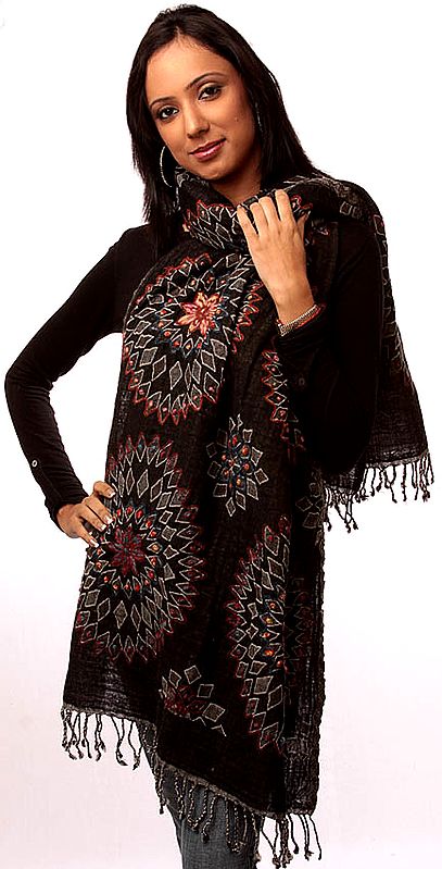 Black Chakra Stole with All-Over Crewel Embroidery