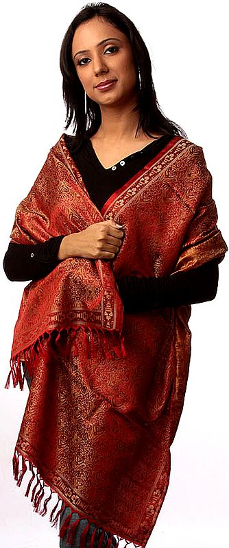 Red Tehra Banarasi Stole Hand-Woven with All-Over Paisleys