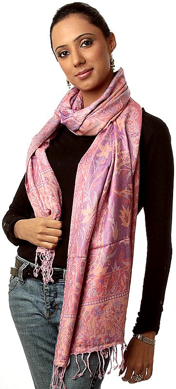 Pink and Lilac Reversible Jamawar Stole with Woven Flowers