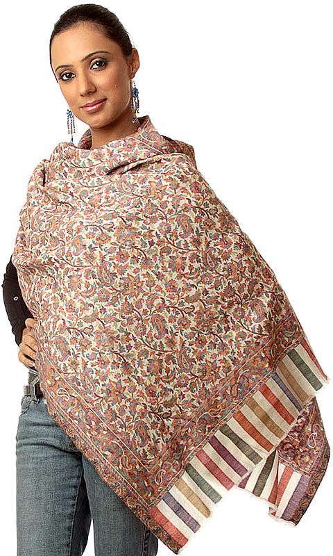 Ivory Kani Stole with Woven Paisleys in Multi-Color Threads