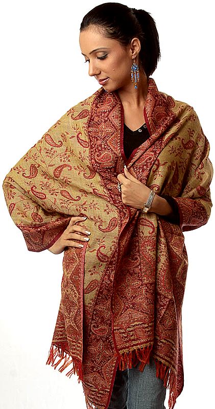 Red and Beige Double-Sided Jamawar Stole with All-Over Woven Paisleys