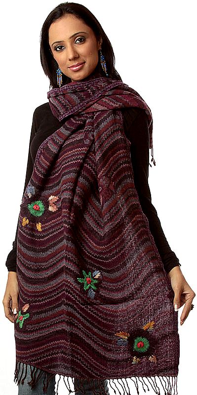 Purple Boiled-Wool Stole with Aari Embroidered Flowers and Beadwork
