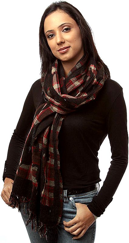 Black and Red Scarf with Woven Checks