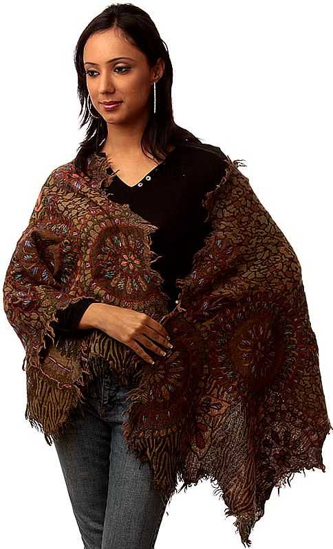 Brown and Green Embroidered Stole Fringed on All Sides