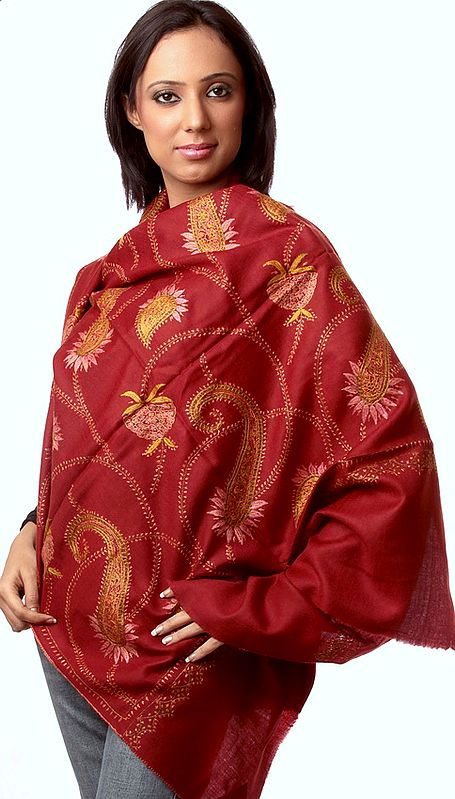 Maroon Kashmiri Stole with Hand-Embroidered Paisleys