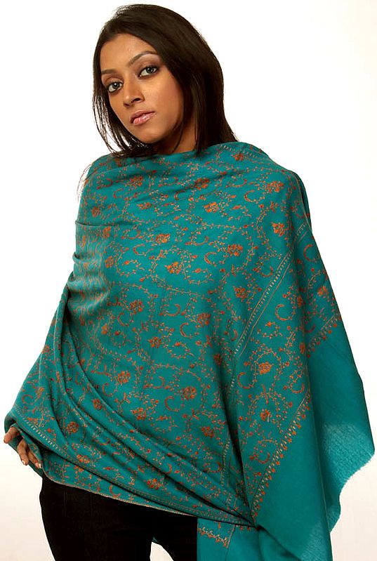 Turquoise Tusha Shawl with All-Over Sozni Embroidery by Hand
