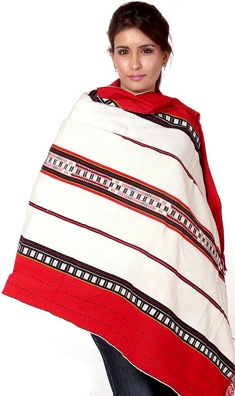 Ivory and Red Folk Shawl Woven in Nagaland