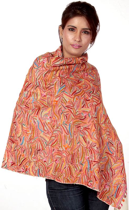 Multi-Color Densely Hand-Embroidered Aari Stole from Kashmir