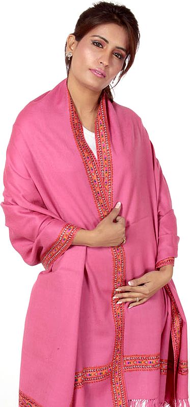 Plain Pink Kullu Shawl with Kinnauri Embroidery on Borders