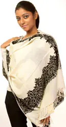 Plain Ivory Stole with Aari Embroidered Paisleys on Borders