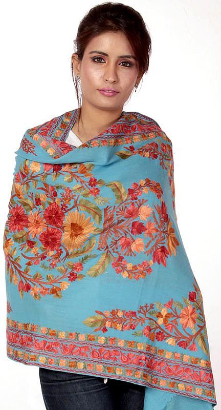 Sky-Blue Aari-Embroidered Stole from Kashmir with Embroidered Flowers