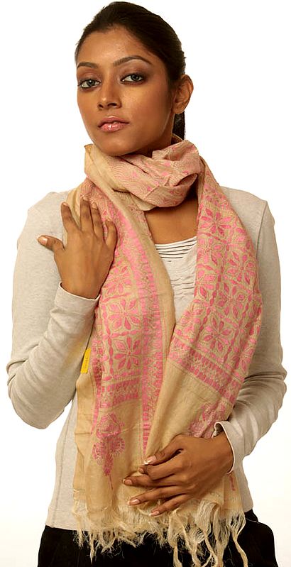 Beige Stole with Kantha Stitch Embroidery by Hand in Pink Thread