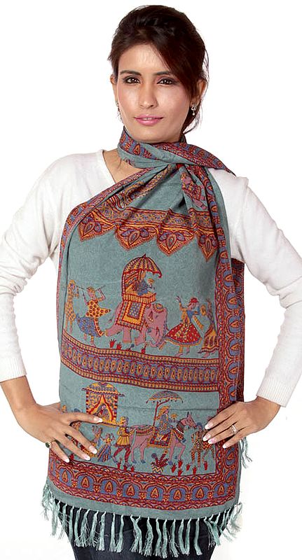 Cyan Scarf with Printed Elephant Procession