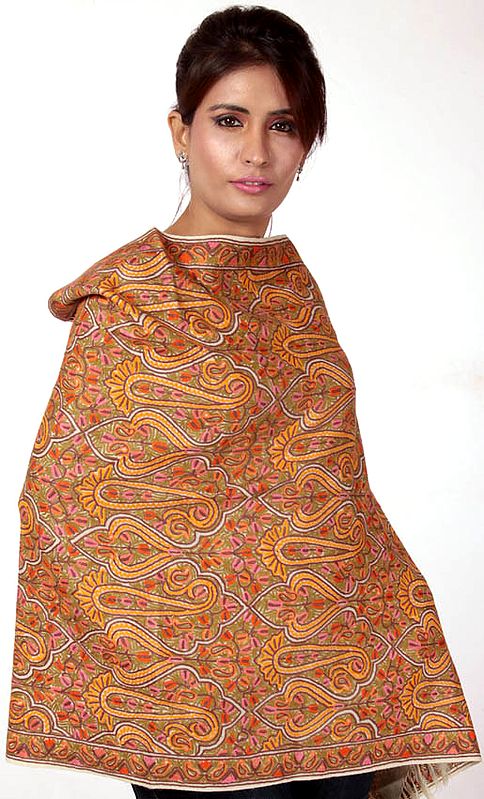Multi-Color Densely Hand-Embroidered Jamdani Stole from Kashmir