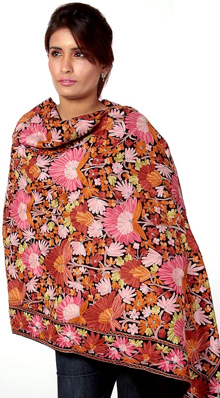Black Densely Embroidered Aari Shawl from Kashmir with Large Flowers