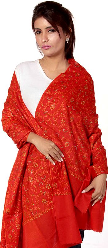 Orange Tusha Shawl with All-Over Jafreen Jaal Embroidery