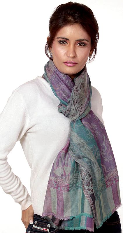 Reversible Lilac and Teal Pure Pashmina Printed Stole