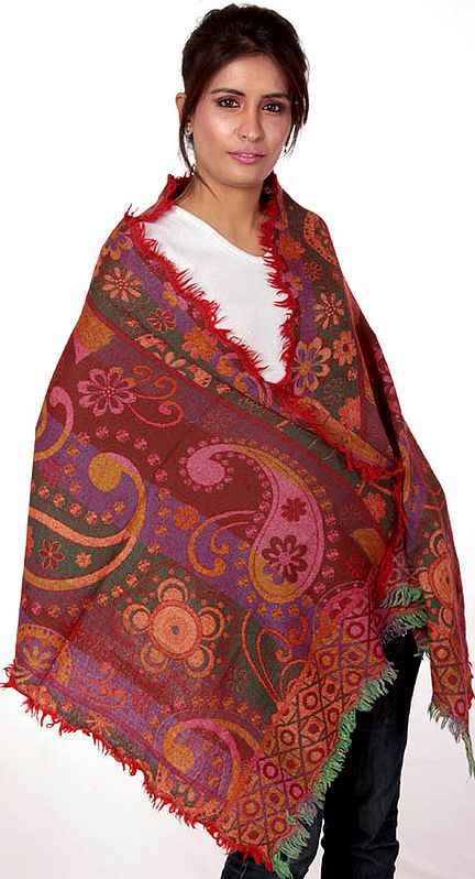 Multi-Color Boiled-Wool Stole Fringed on All Sides