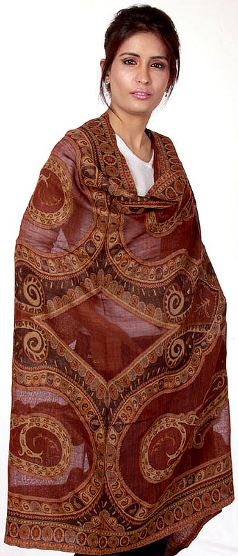 Brown Reversible Jamawar Shawl with All-Over Weave