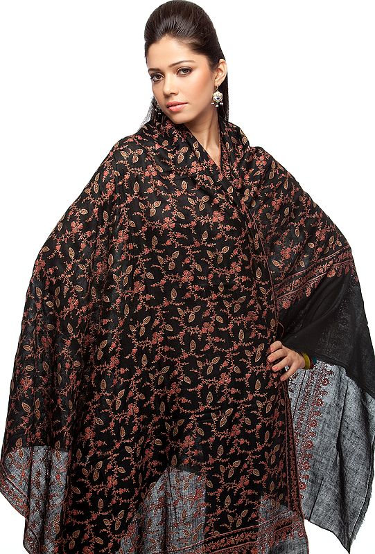 Black Pure Pashmina Shawl with Intricate Kashmiri Sozni Embroidery by Hand All-Over