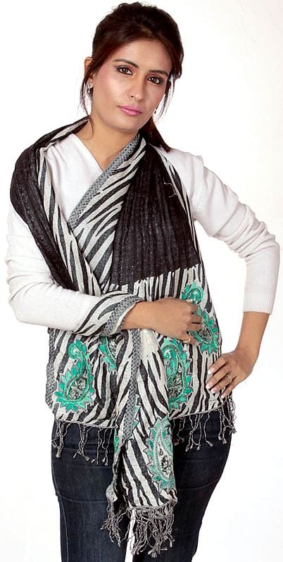 Zebra Designer Stole with Embroidered Paisleys and Sequins