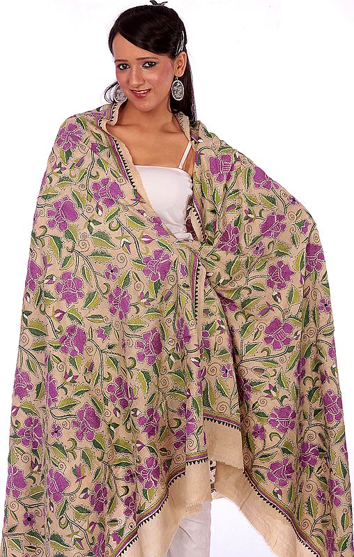 Beige Shawl with Kantha Stitch Embroidered Flowers by Hand