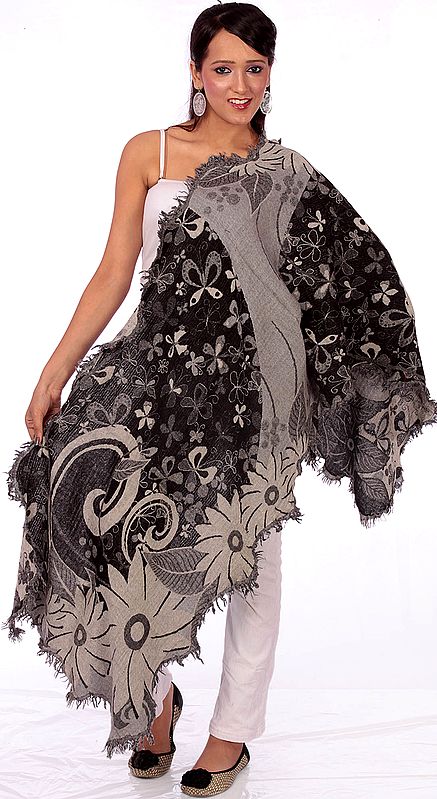 Black and Gray Jamawar Stole Fringed on All Sides