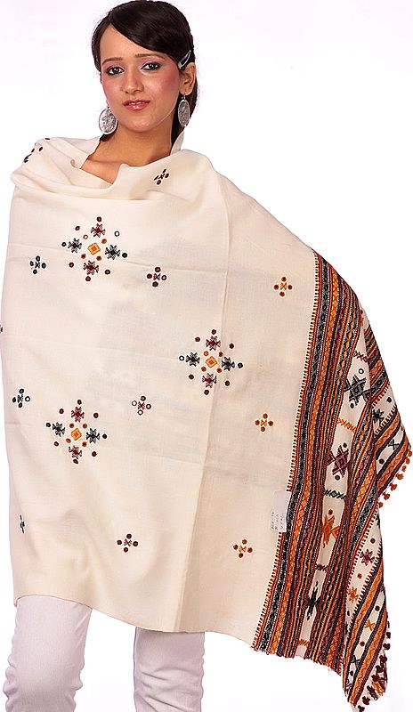 Ivory Shawl from Kutchh with Embroidered Bootis and Mirrors