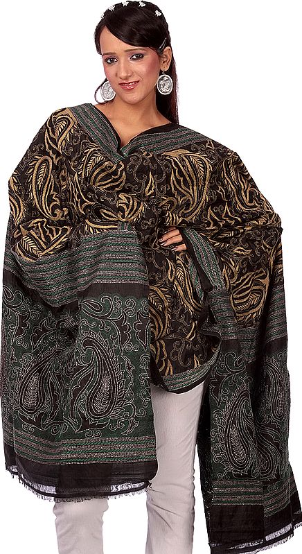 Black Dupatta with Kantha Embroidery by Hand and Printed Paisleys