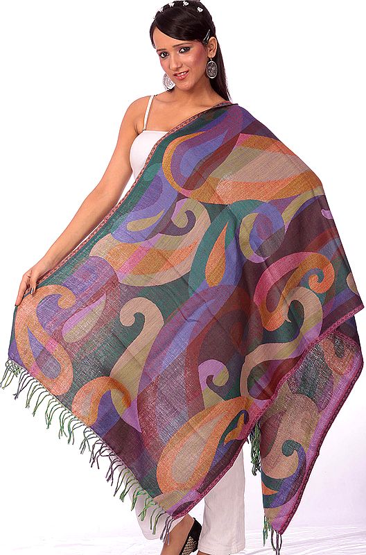 Multi-Color Jamawar Stole with All-Over Woven Paisleys