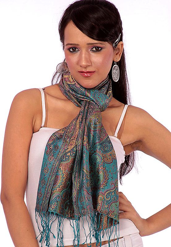 Reversible Turquoise Jamawar Scarf with All-Over Weave