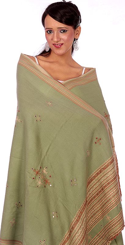 Tea-Green Shawl from Kutchh with Embroidered Bootis and Mirrors