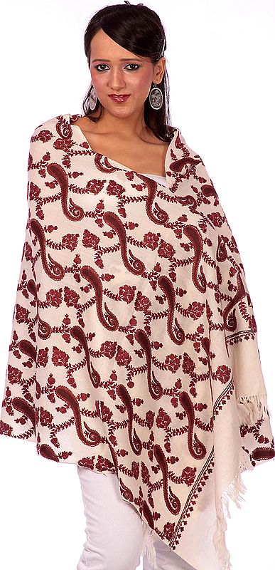 Ivory and Brown Stole with Aari-Embroidered Paisleys by Hand
