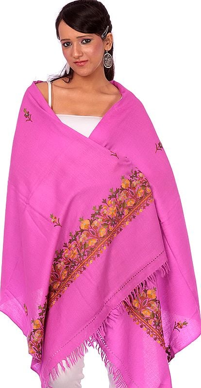 Hot-Pink Stole with Hand Embroidered Flowers on Borders