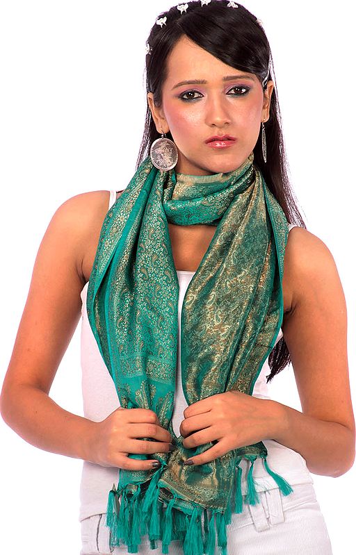 Green Resham Tehra Stole with Paisleys Woven All Over