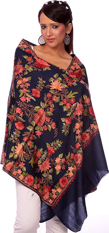 Navy-Blue Floral Embroidered Aari Stole  from Kashmir
