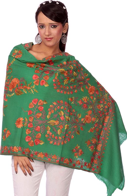 Green Floral Embroidered Aari Stole  from Kashmir