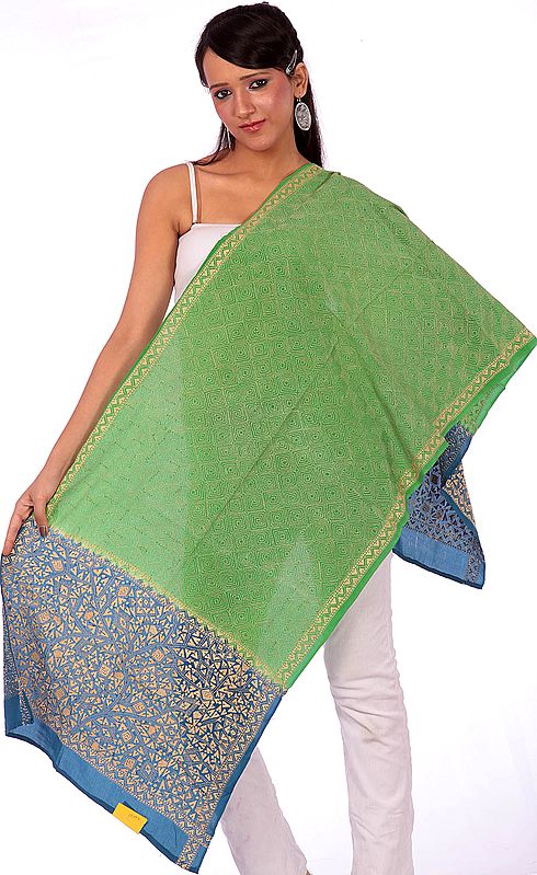 Green and Blue Stole with Kantha Stitch Embroidery by Hand