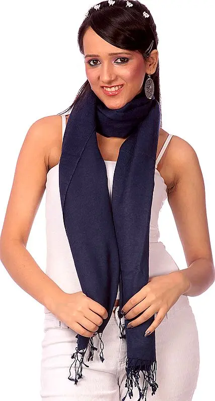 Midnight Blue Blue Silk-Pashmina Stole from Nepal